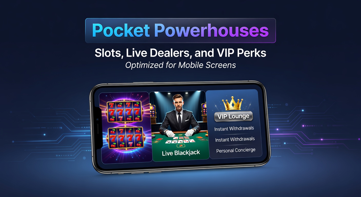 Smartphone mit laufendem Slot-Spiel und Live-Dealer-Tisch im Vordergrund, umgeben von VIP-Symbolen wie Kronen und Diamanten