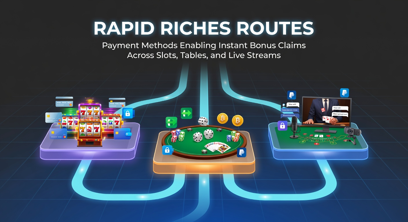 Grafik zeigt schnelle Zahlungsmethoden wie E-Wallets und Kryptos, die Boni bei Slots und Live-Tischen freischalten